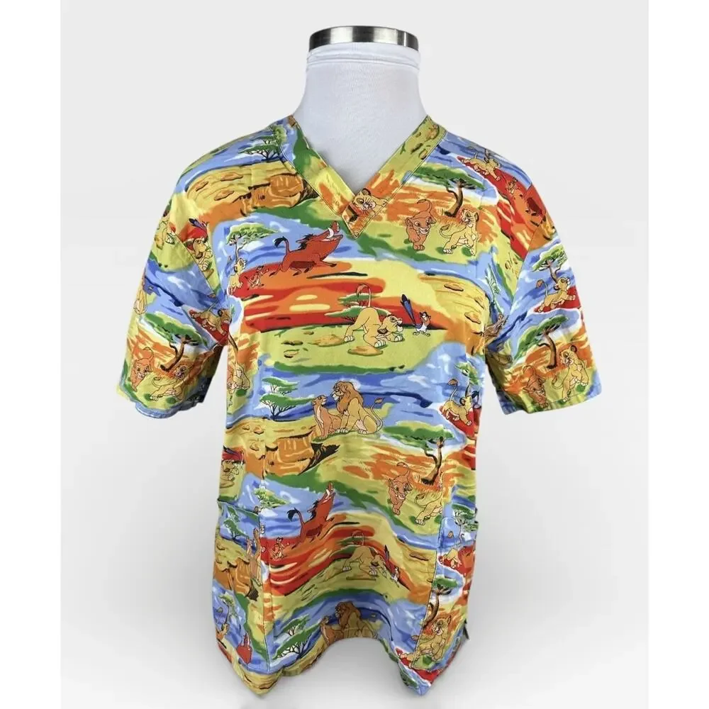 ✨2/$20 Disney Lion King Scrub Top Pumba, Timon, Samba, Nala Nurse CNA V-Neck L - Picture 2 of 13